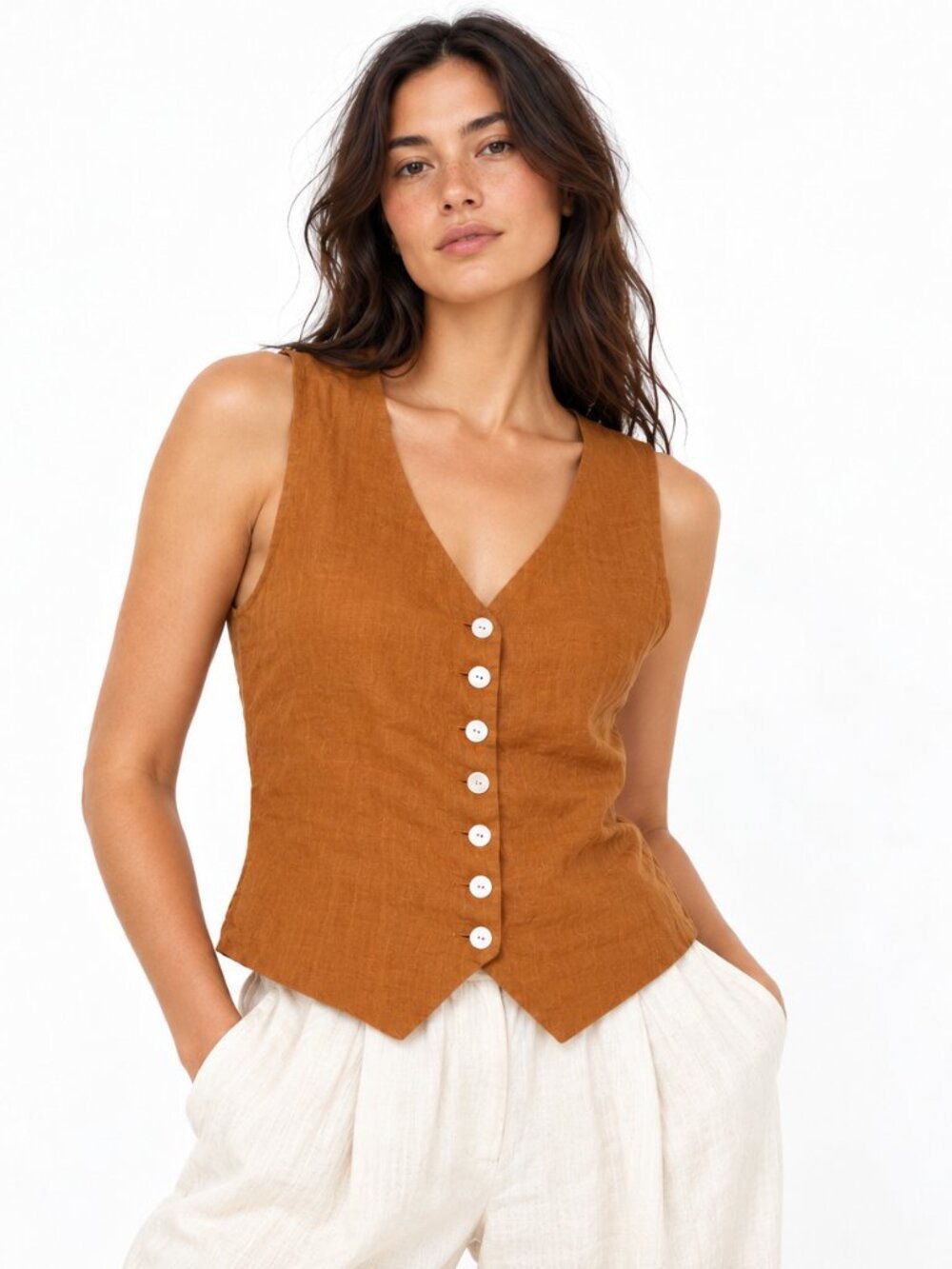 Beatrice Valenzuela Modica Vest Cognac 100% Linen Tie Back Size 3